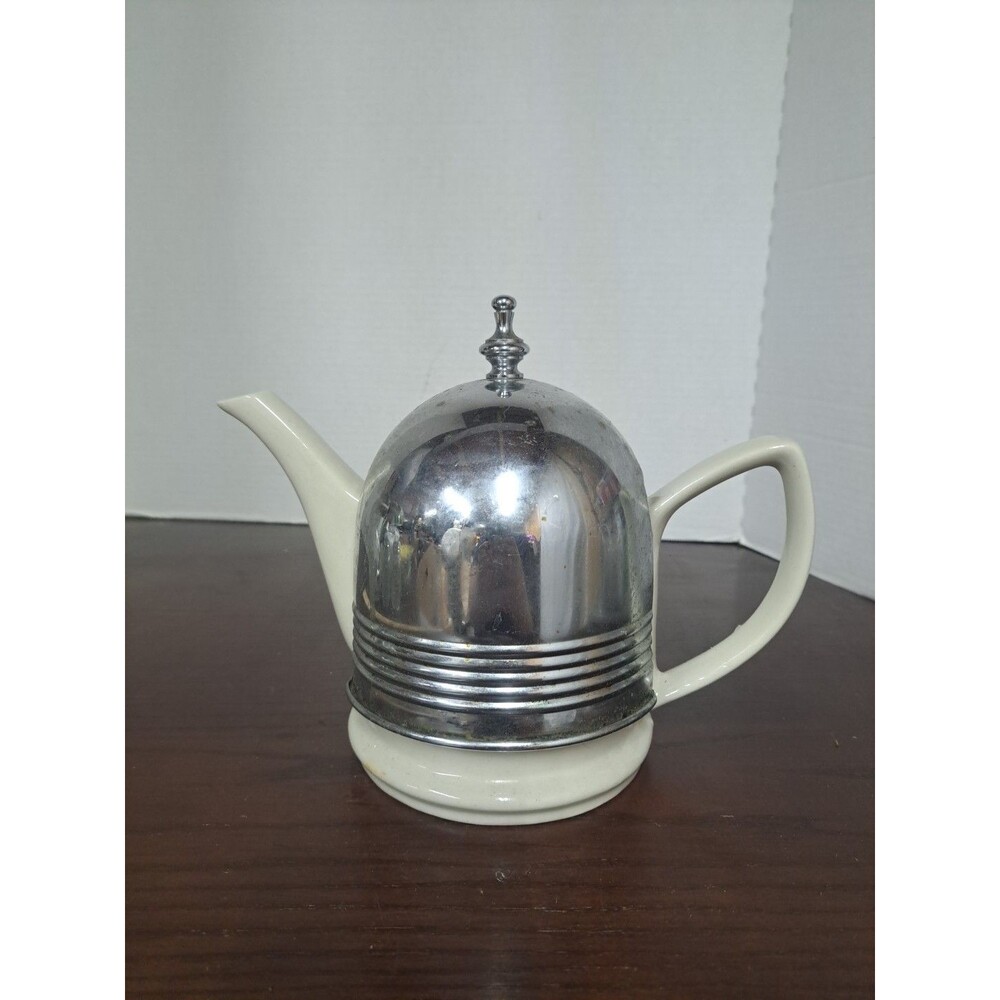 1940s Hall China Company  Cozy Hot Pot Ceramic Teapot With Insulated Chrome...